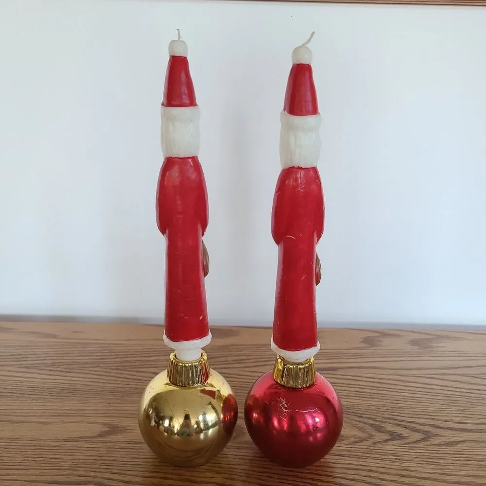 Two Vintage Santa Claus Character Candles In Christmas Ornament Candle Holders